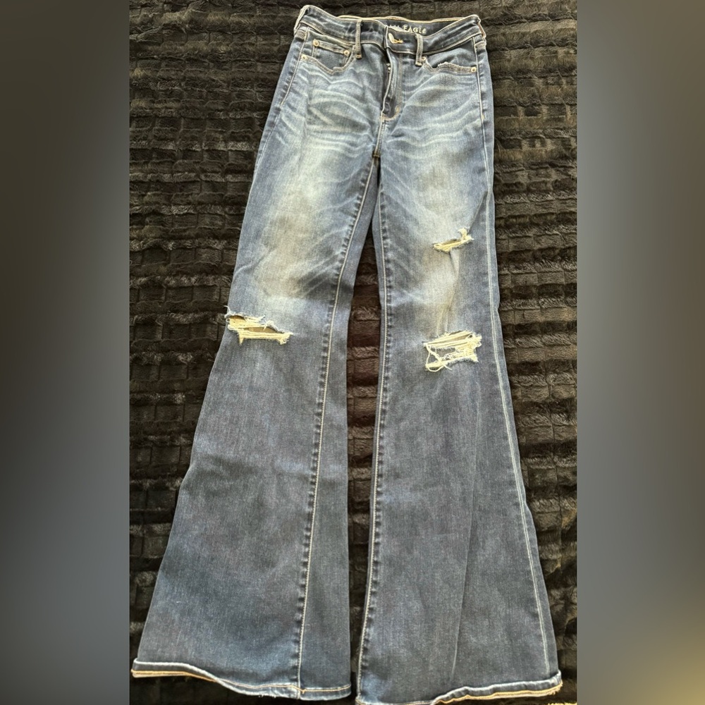 American Eagle Outfitters super hi rise flare Jeans with Vintage Distress